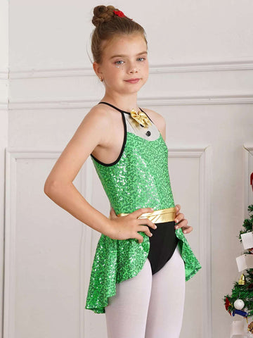 Kids Girls Christmas Sequin Bowknot Leotard Dress