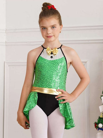 Kids Girls Christmas Sequin Bowknot Leotard Dress