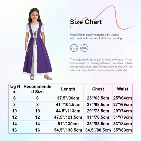 Kids Girls Square Neck Short Sleeve Lace-up Medieval Renaissance Dress