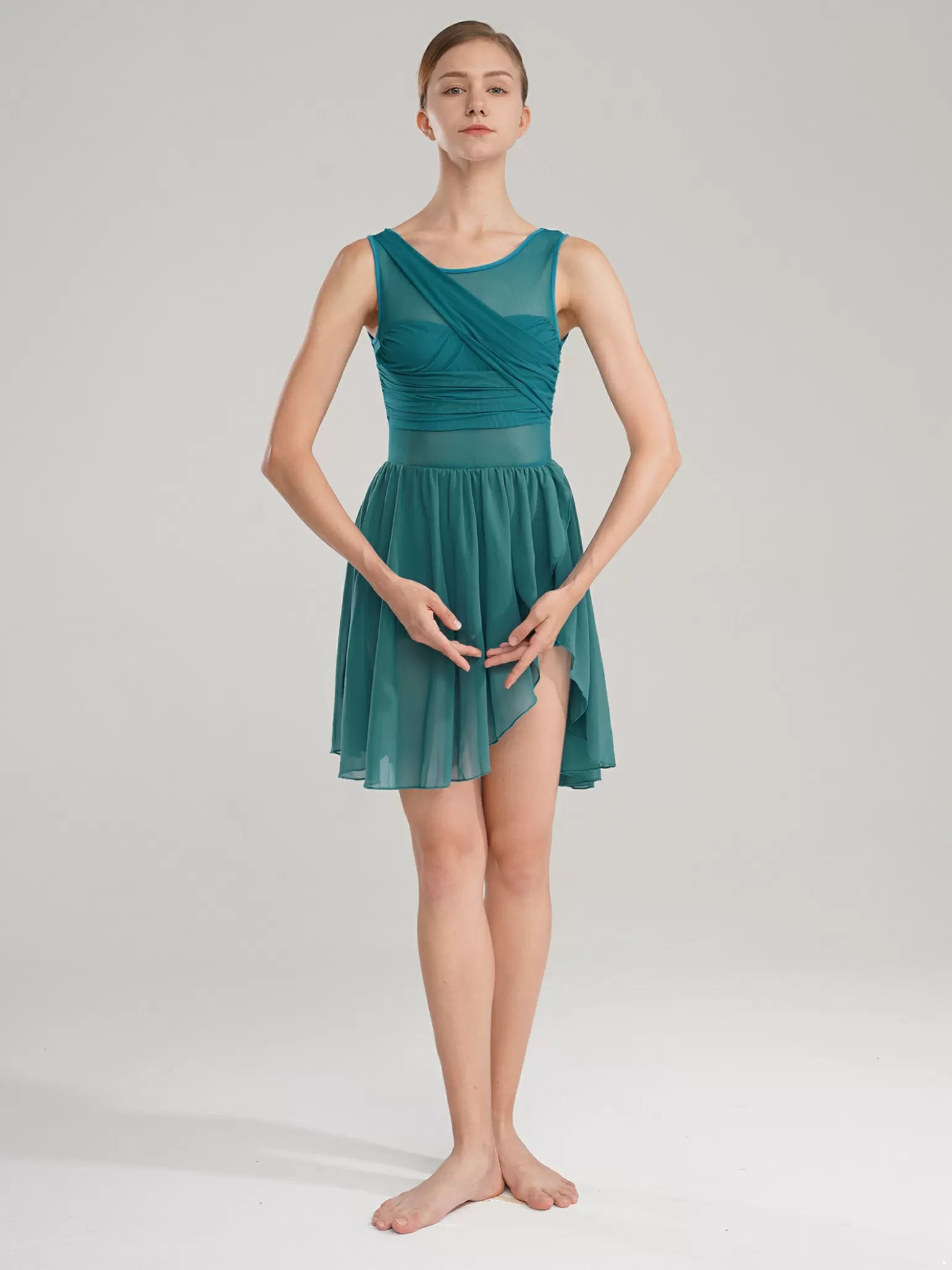 Women Sleeveless Ruched Chiffon Lyrical Dance Leotard Dress