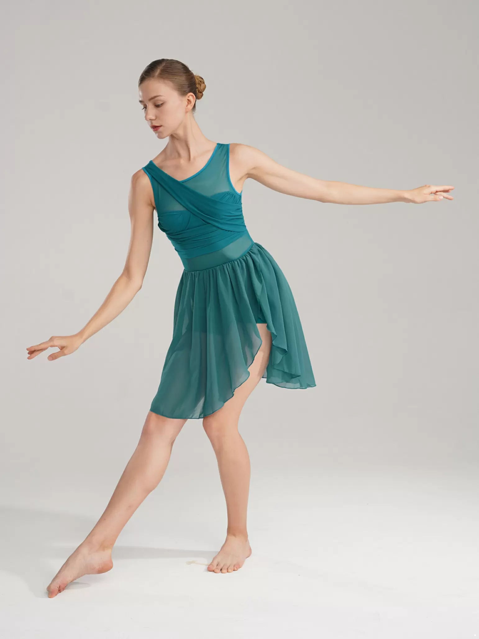 Women Sleeveless Ruched Chiffon Lyrical Dance Leotard Dress