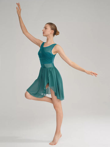 Women Sleeveless Ruched Chiffon Lyrical Dance Leotard Dress