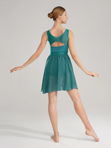 Women Sleeveless Ruched Chiffon Lyrical Dance Leotard Dress