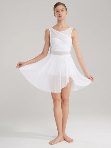 Women Sleeveless Ruched Chiffon Lyrical Dance Leotard Dress