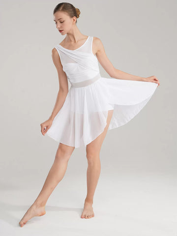 Women Sleeveless Ruched Chiffon Lyrical Dance Leotard Dress