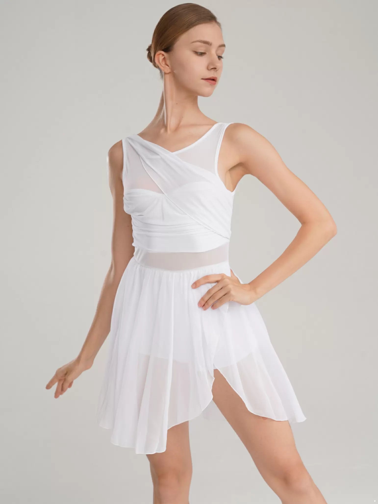 Women Sleeveless Ruched Chiffon Lyrical Dance Leotard Dress