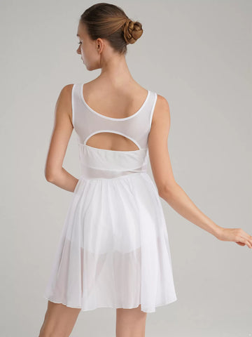 Women Sleeveless Ruched Chiffon Lyrical Dance Leotard Dress