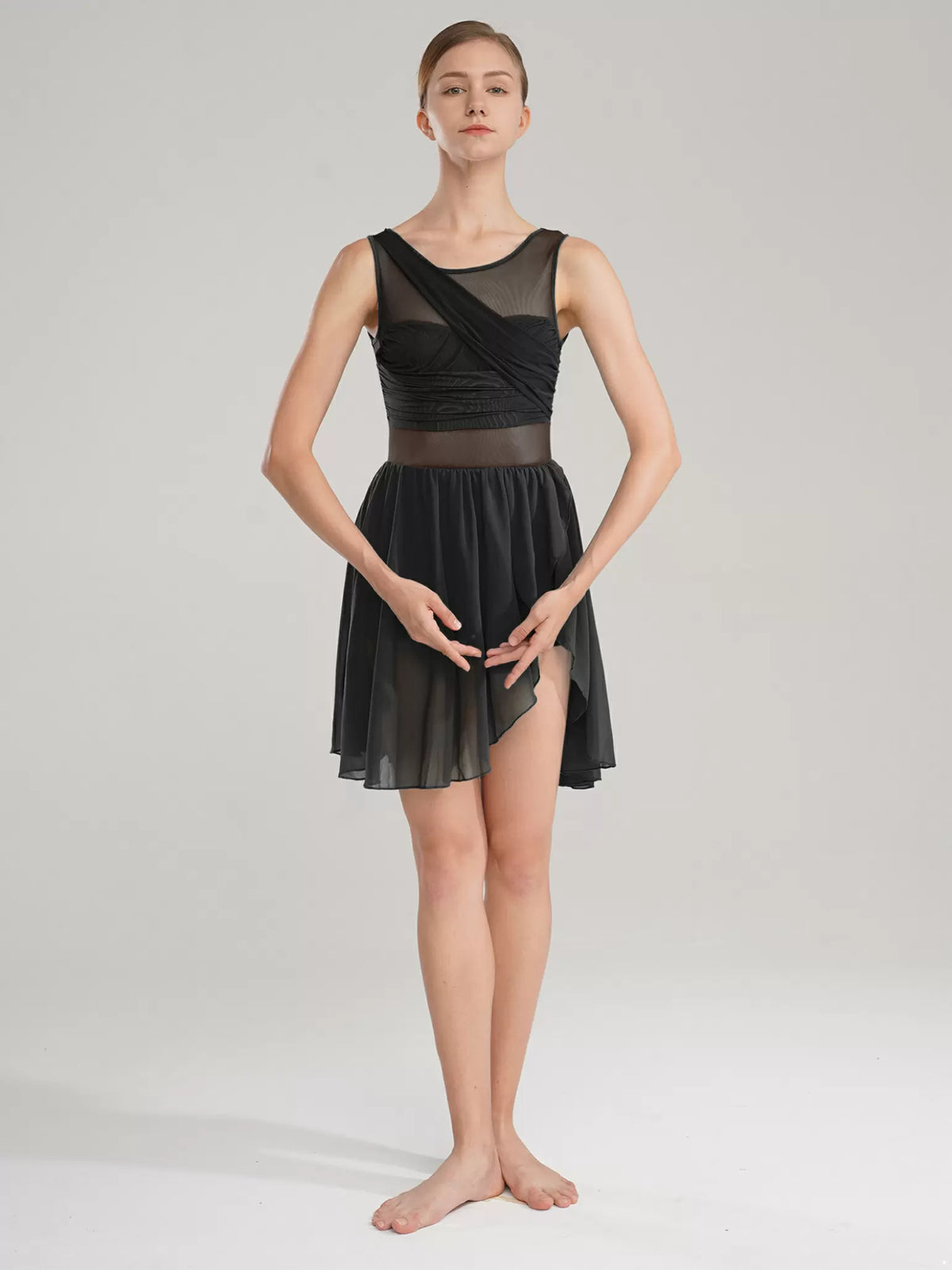 Women Sleeveless Ruched Chiffon Lyrical Dance Leotard Dress