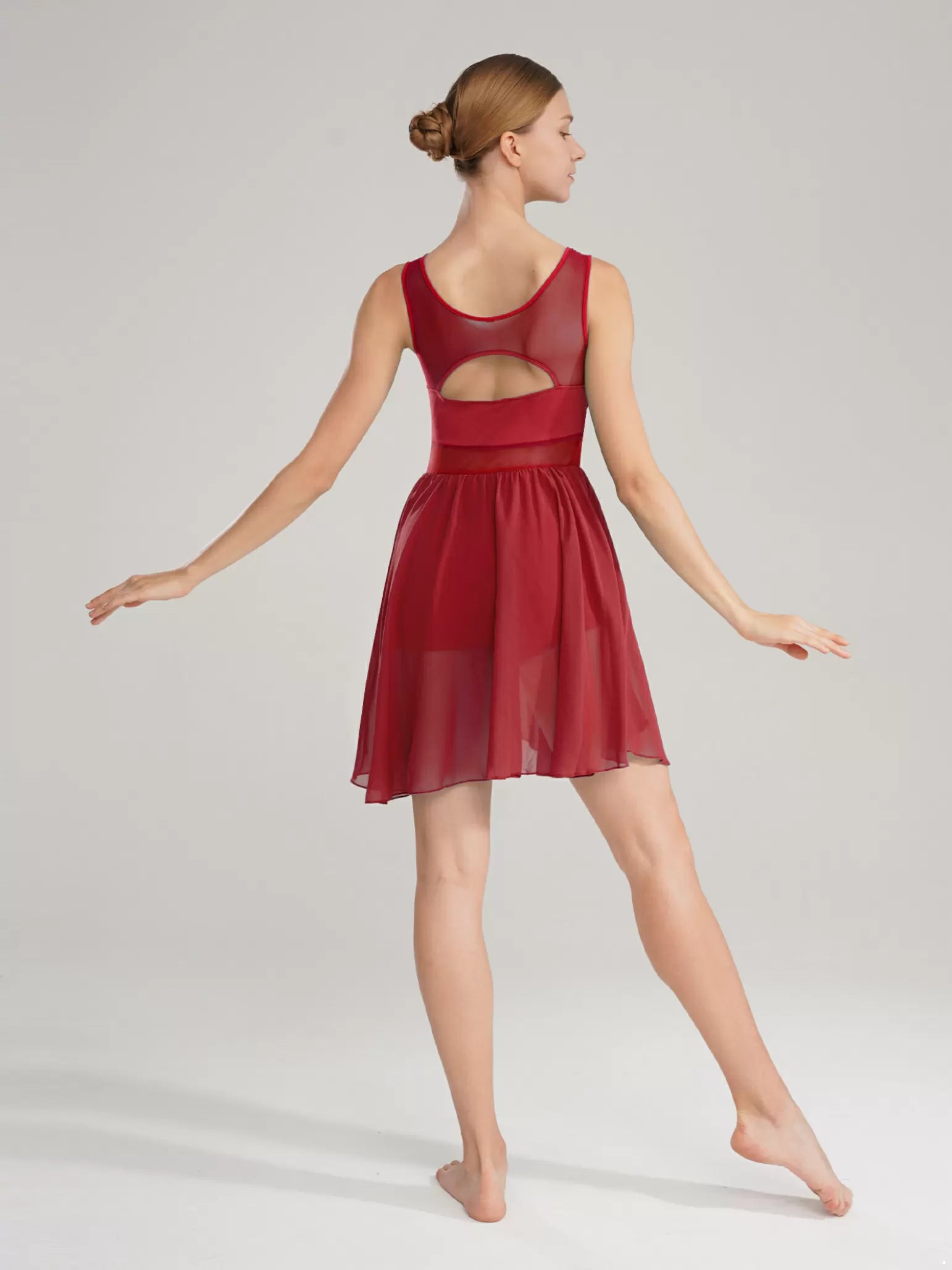 Women Sleeveless Ruched Chiffon Lyrical Dance Leotard Dress