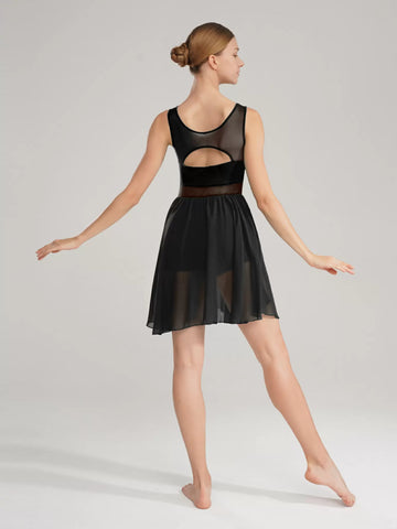 Women Sleeveless Ruched Chiffon Lyrical Dance Leotard Dress