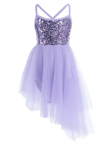 Kids Girls Sequins Asymmetrical Ballet Dance Leotard Dress