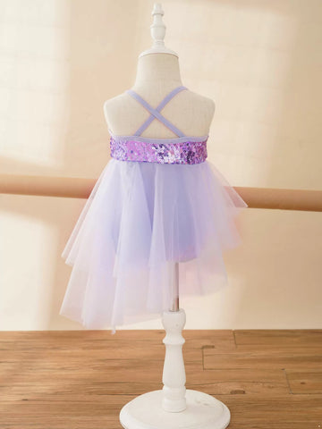 Kids Girls Sequins Asymmetrical Ballet Dance Leotard Dress