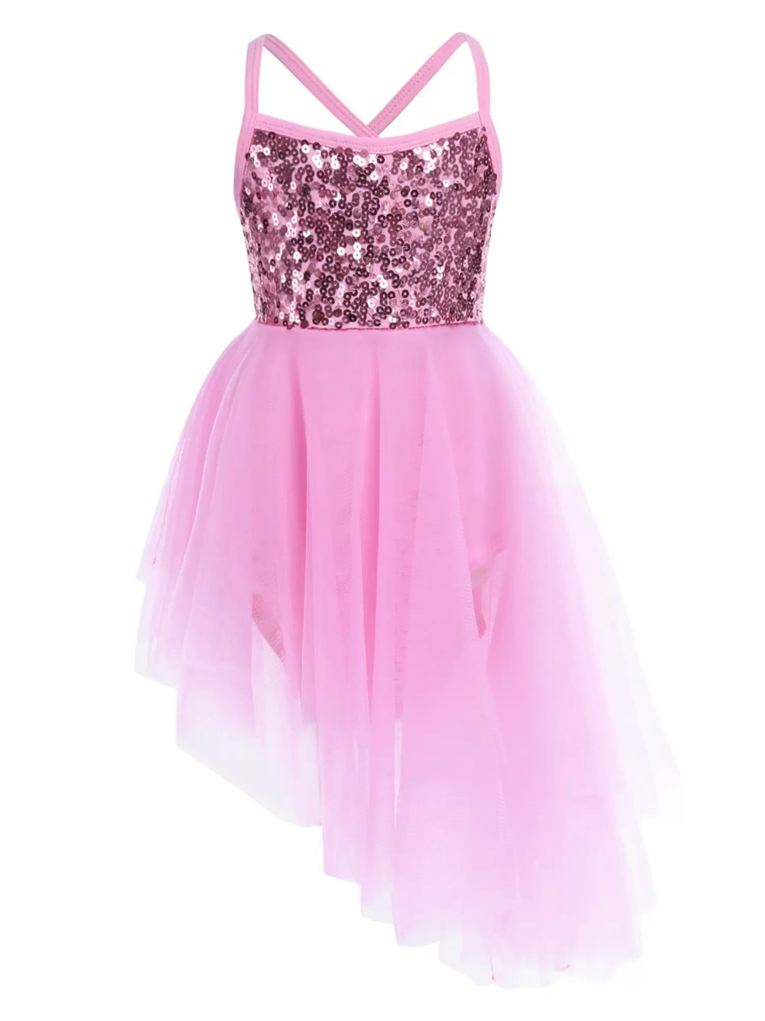 Kids Girls Sequins Asymmetrical Ballet Dance Leotard Dress