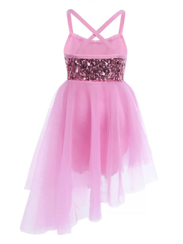 Kids Girls Sequins Asymmetrical Ballet Dance Leotard Dress