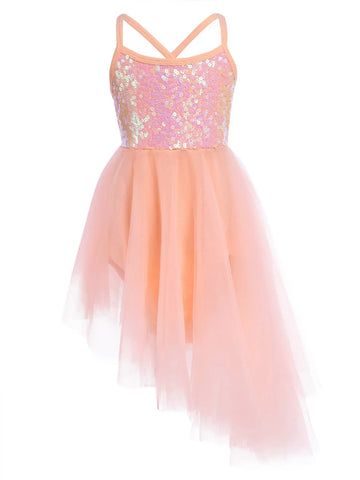 Kids Girls Sequins Asymmetrical Ballet Dance Leotard Dress