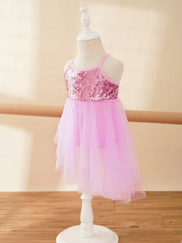 Kids Girls Sequins Asymmetrical Ballet Dance Leotard Dress