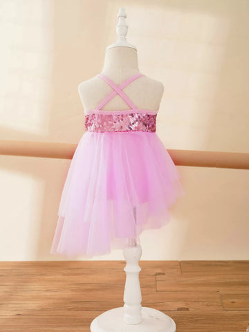 Kids Girls Sequins Asymmetrical Ballet Dance Leotard Dress