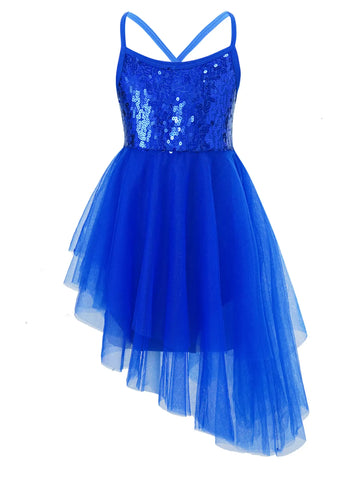 Kids Girls Sequins Asymmetrical Ballet Dance Leotard Dress