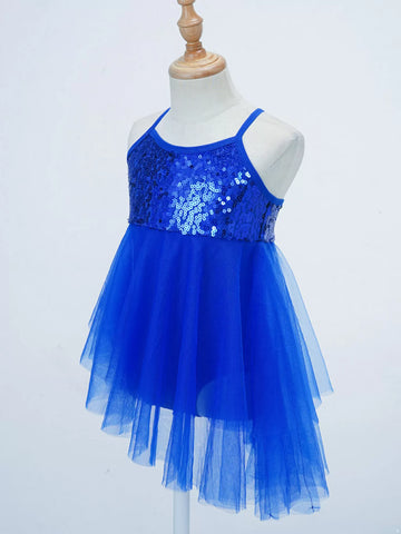 Kids Girls Sequins Asymmetrical Ballet Dance Leotard Dress