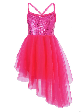 Kids Girls Sequins Asymmetrical Ballet Dance Leotard Dress