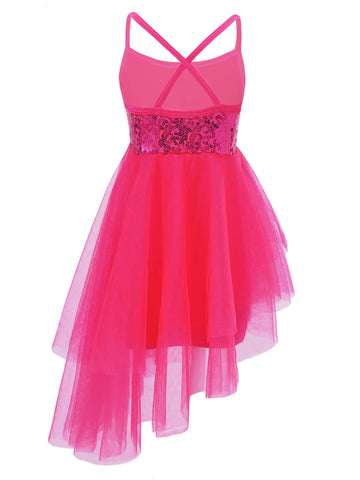 Kids Girls Sequins Asymmetrical Ballet Dance Leotard Dress