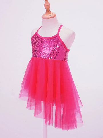 Kids Girls Sequins Asymmetrical Ballet Dance Leotard Dress