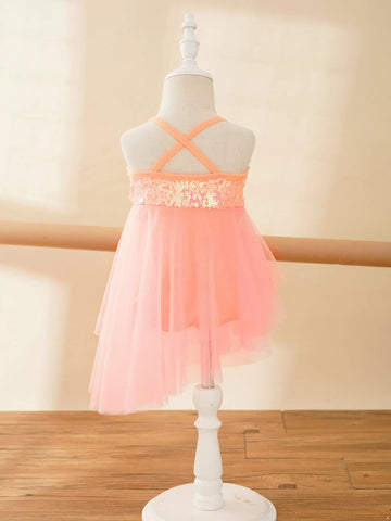 Kids Girls Sequins Asymmetrical Ballet Dance Leotard Dress