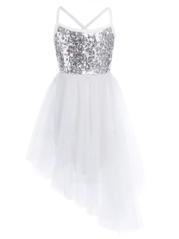 Kids Girls Sequins Asymmetrical Ballet Dance Leotard Dress