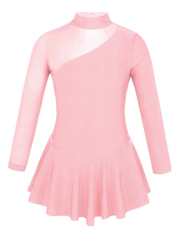 Kids Girls Long Sleeves Ruffle Figure Skating Leotard Dress