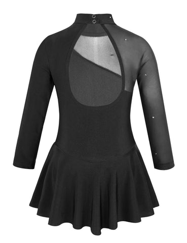 Kids Girls Long Sleeves Ruffle Figure Skating Leotard Dress