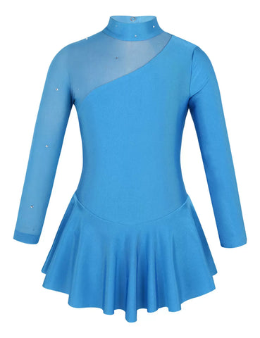 Kids Girls Long Sleeves Ruffle Figure Skating Leotard Dress