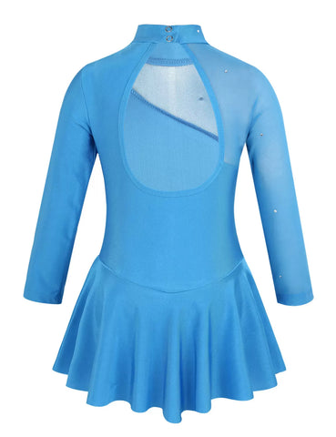 Kids Girls Long Sleeves Ruffle Figure Skating Leotard Dress