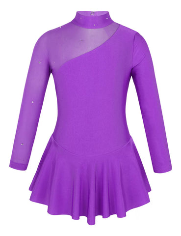 Kids Girls Long Sleeves Ruffle Figure Skating Leotard Dress