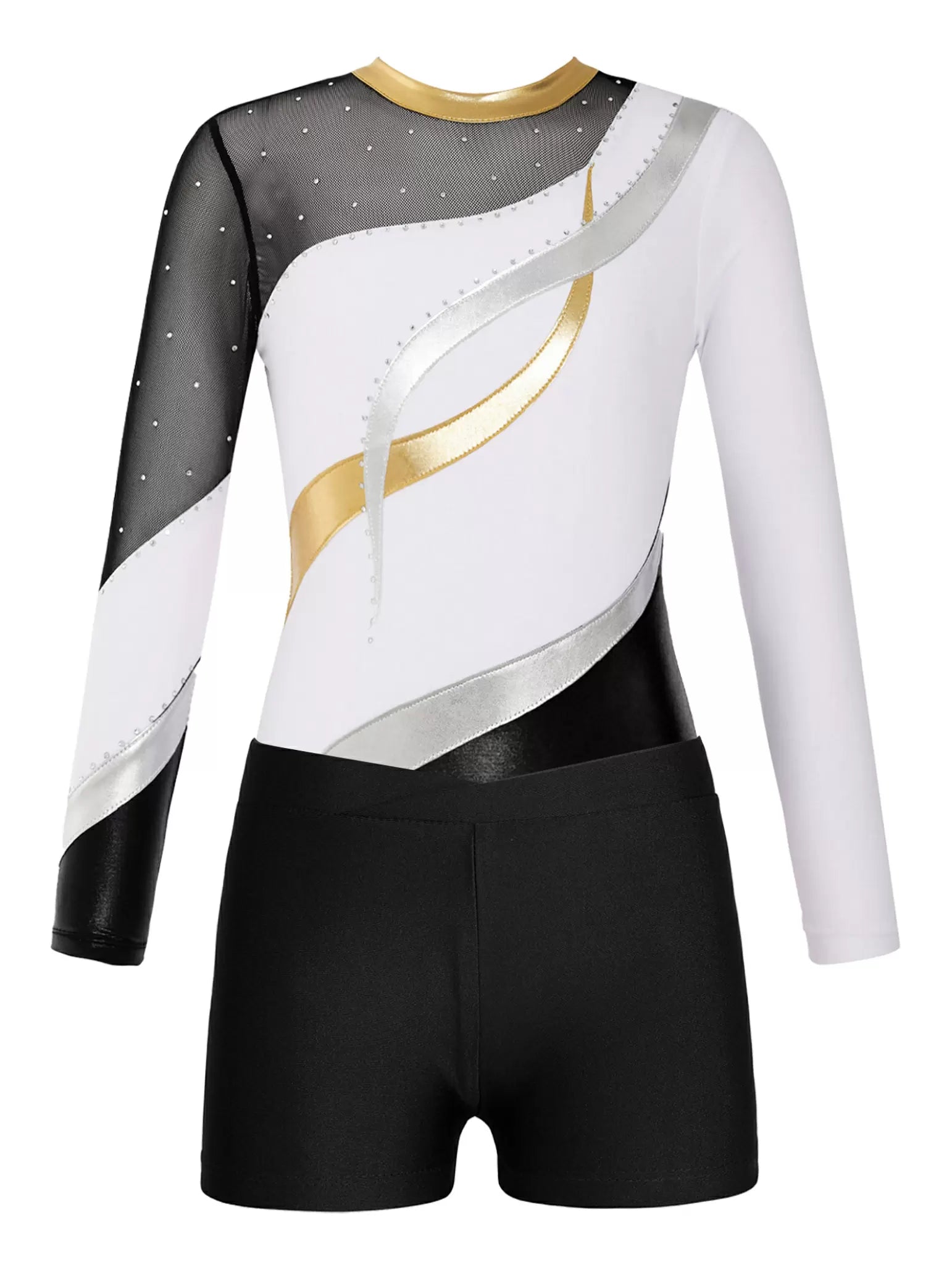 Kids Girls 2pcs Long Sleeve Rhinestones Gymnastics Leotard Set