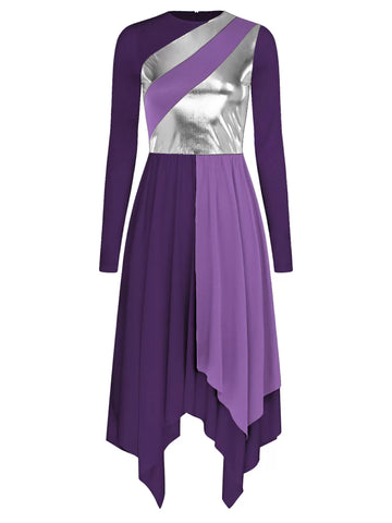 Women Colorblock Long Sleeve Liturgical Worship Dance Dress