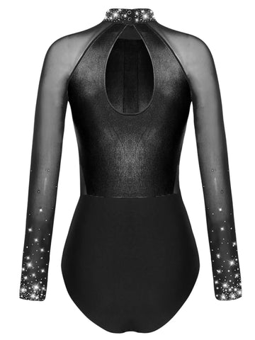 Women Colorblock Shiny Rhinestones Long Sleeve Gymnastics Leotard