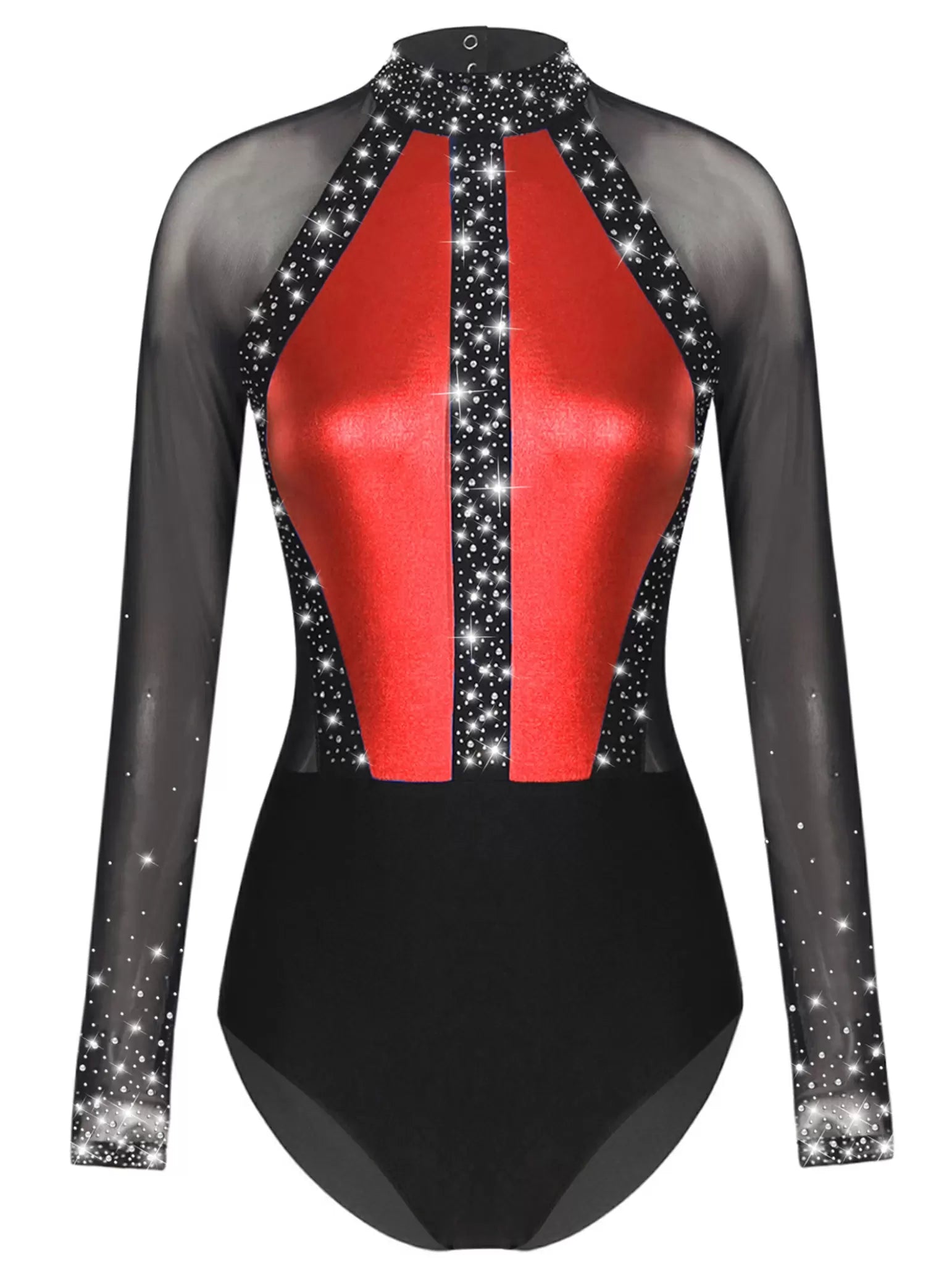 Women Colorblock Shiny Rhinestones Long Sleeve Gymnastics Leotard