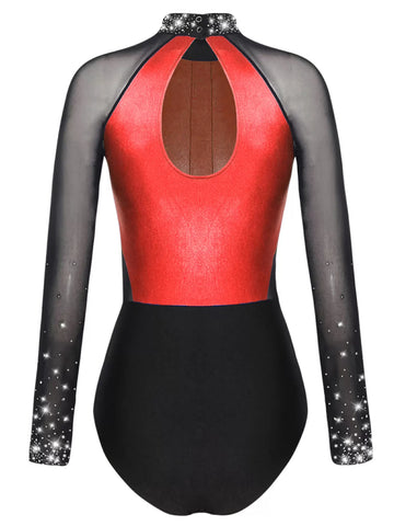 Women Colorblock Shiny Rhinestones Long Sleeve Gymnastics Leotard