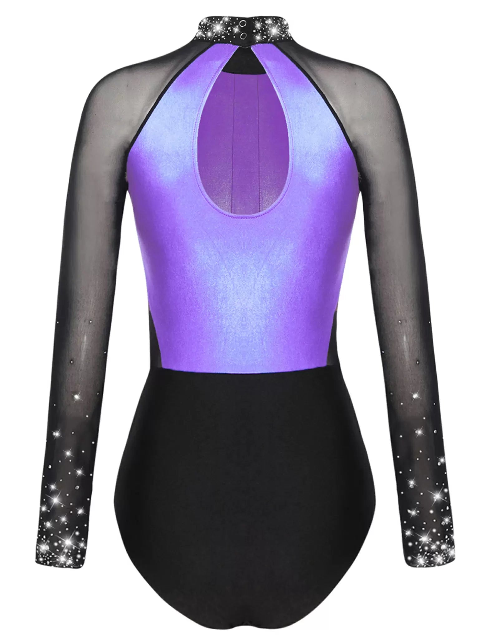 Women Colorblock Shiny Rhinestones Long Sleeve Gymnastics Leotard