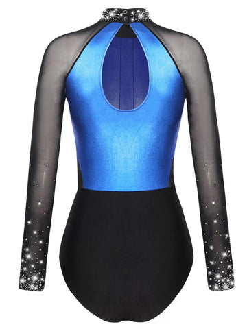 Women Colorblock Shiny Rhinestones Long Sleeve Gymnastics Leotard