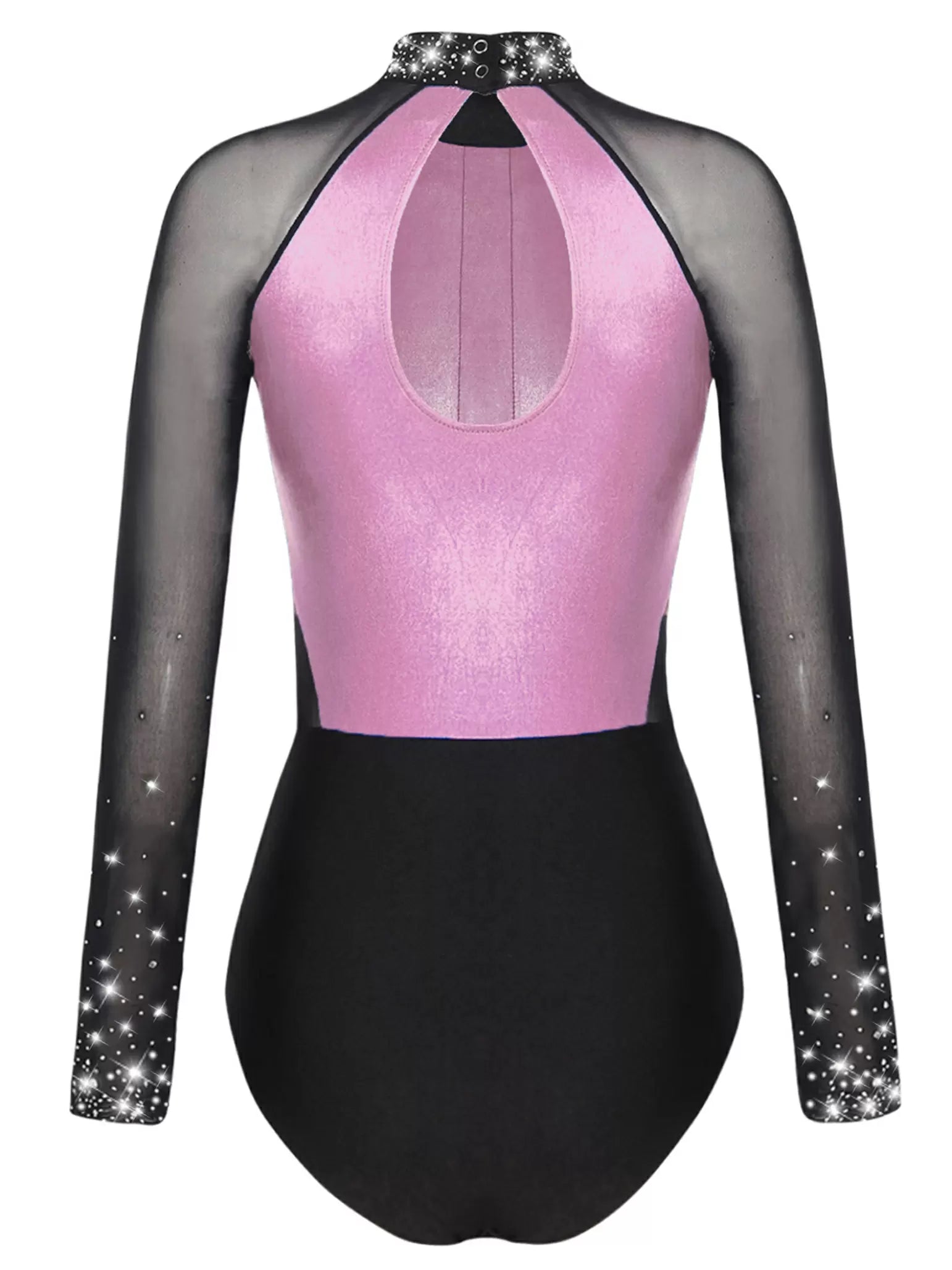 Women Colorblock Shiny Rhinestones Long Sleeve Gymnastics Leotard