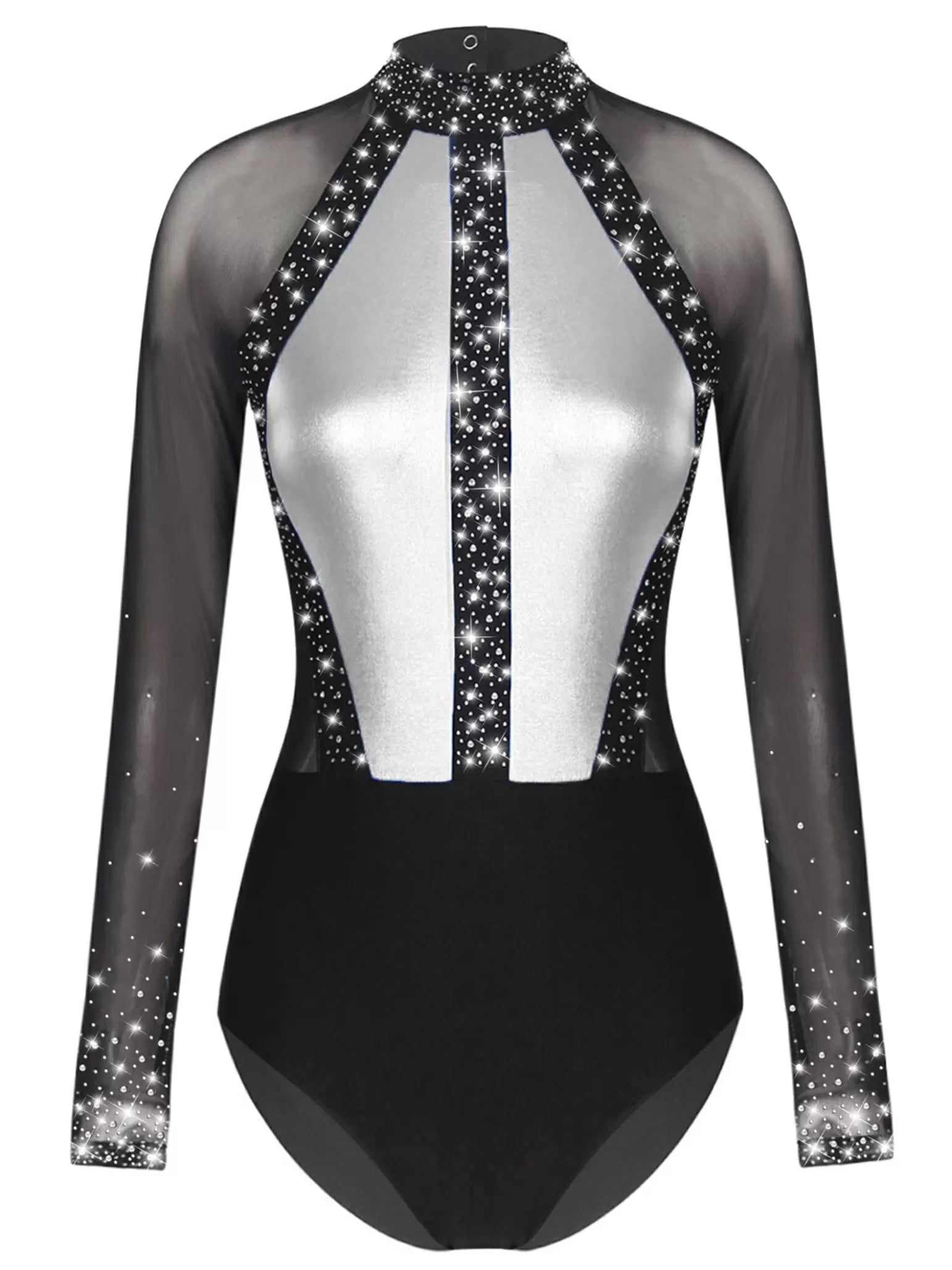 Women Colorblock Shiny Rhinestones Long Sleeve Gymnastics Leotard