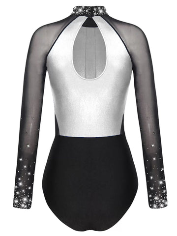 Women Colorblock Shiny Rhinestones Long Sleeve Gymnastics Leotard