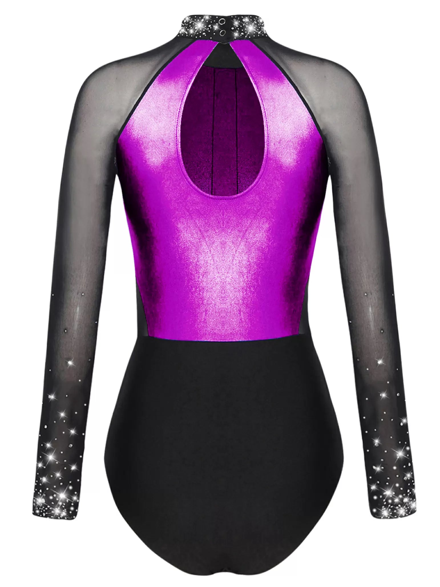 Women Colorblock Shiny Rhinestones Long Sleeve Gymnastics Leotard