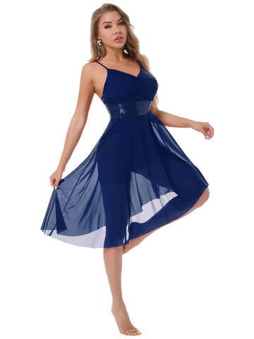 Women Sequin Spaghetti Strap Contemporary Dance Dress