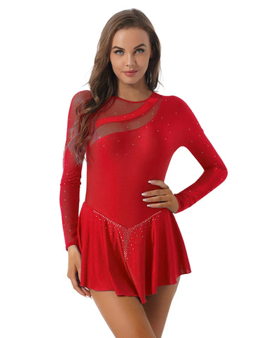 Women Long Sleeves Shiny Rhinestones Figure Skating Dress