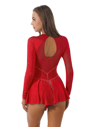 Women Long Sleeves Shiny Rhinestones Figure Skating Dress