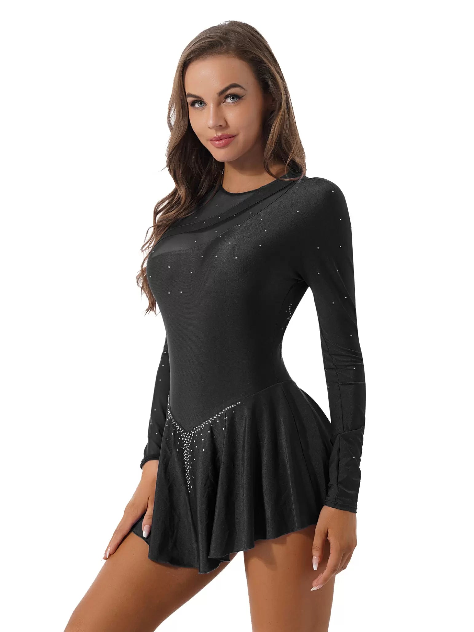 Women Long Sleeves Shiny Rhinestones Figure Skating Dress