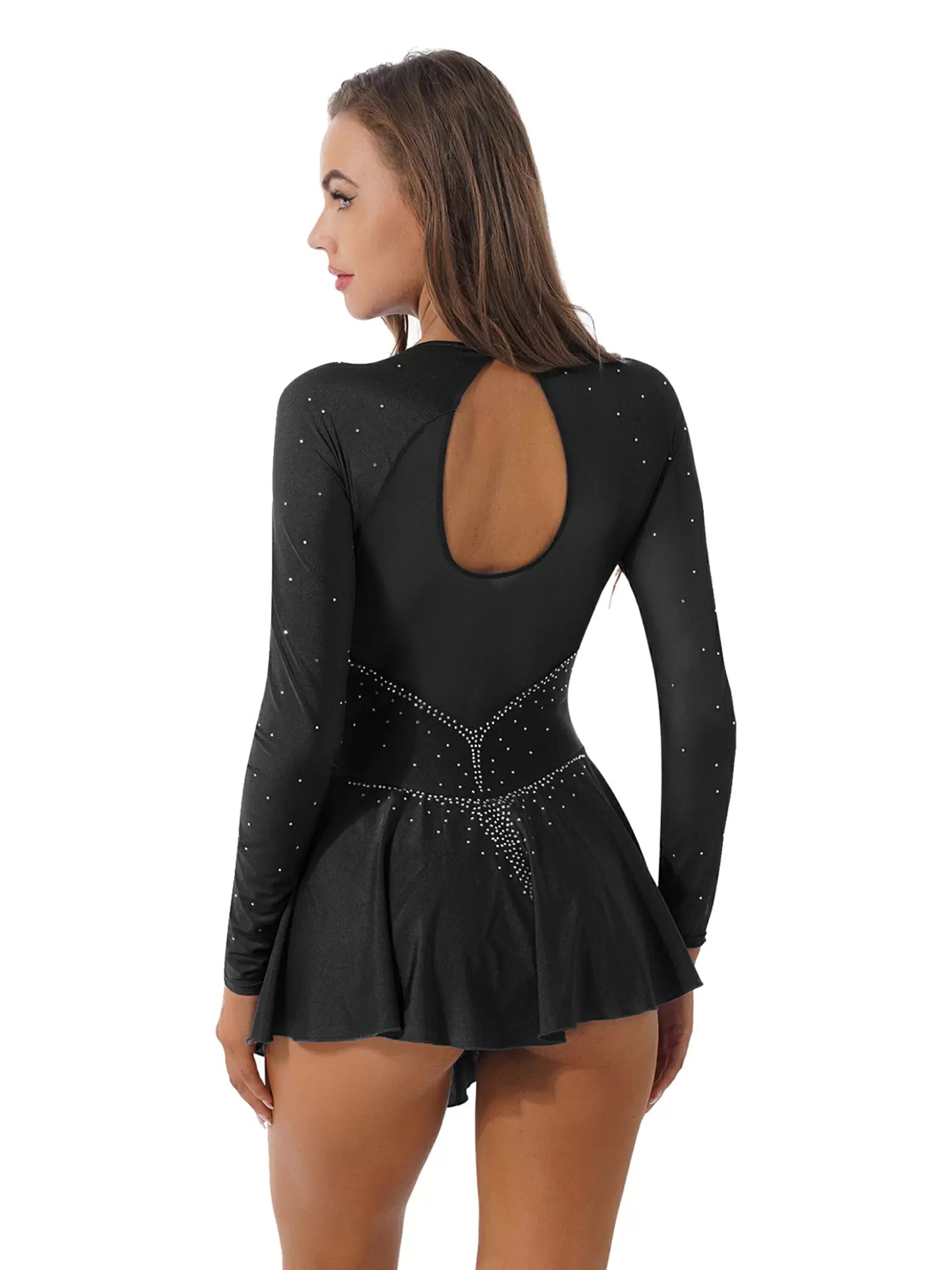 Women Long Sleeves Shiny Rhinestones Figure Skating Dress