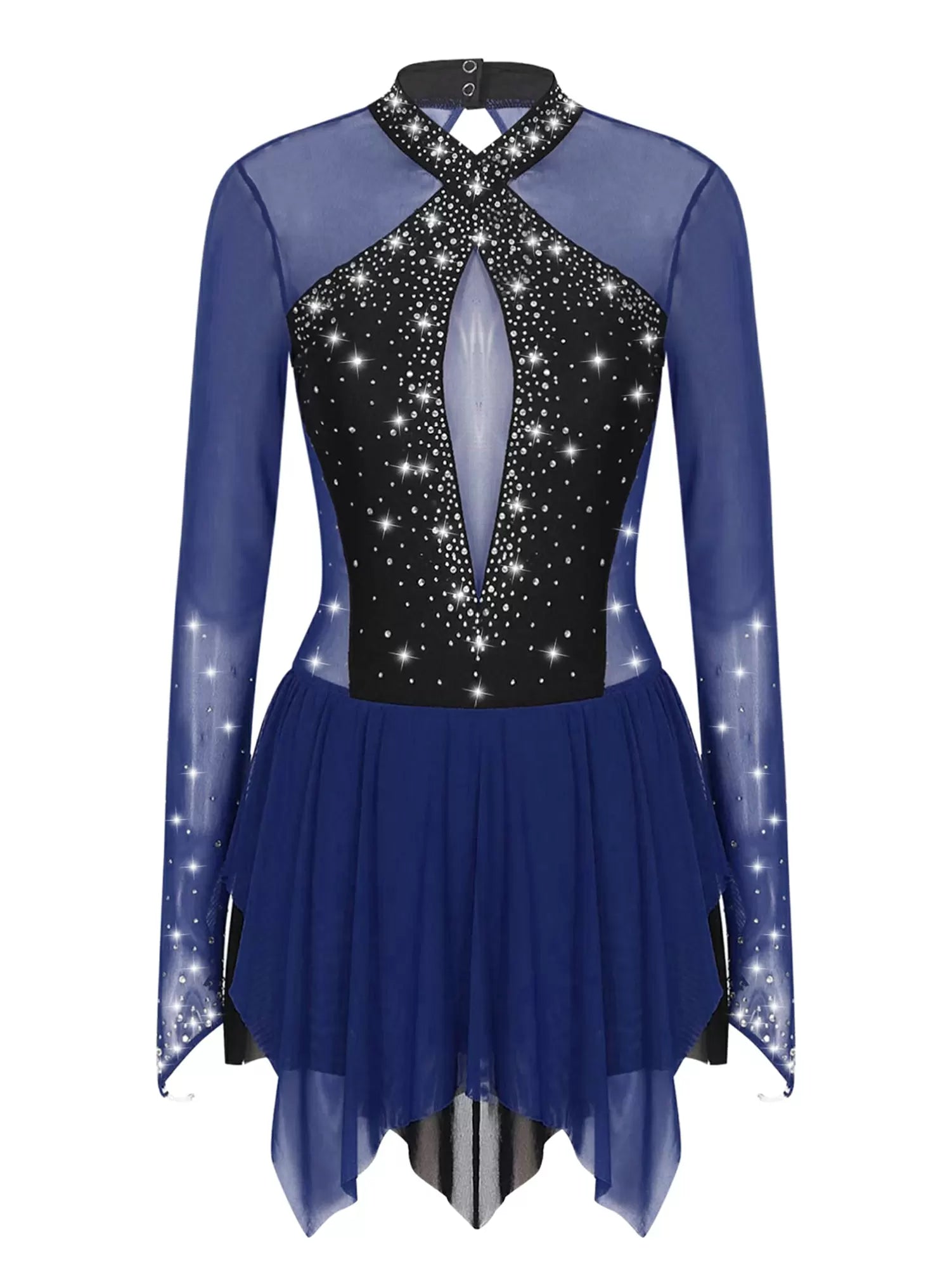 Women Shiny Rhinestones Long Sleeve Figure Skating Dress